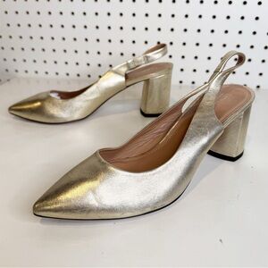 Lewit | Metallic Gold Leather Slingback Block Heel Pumps 39.5